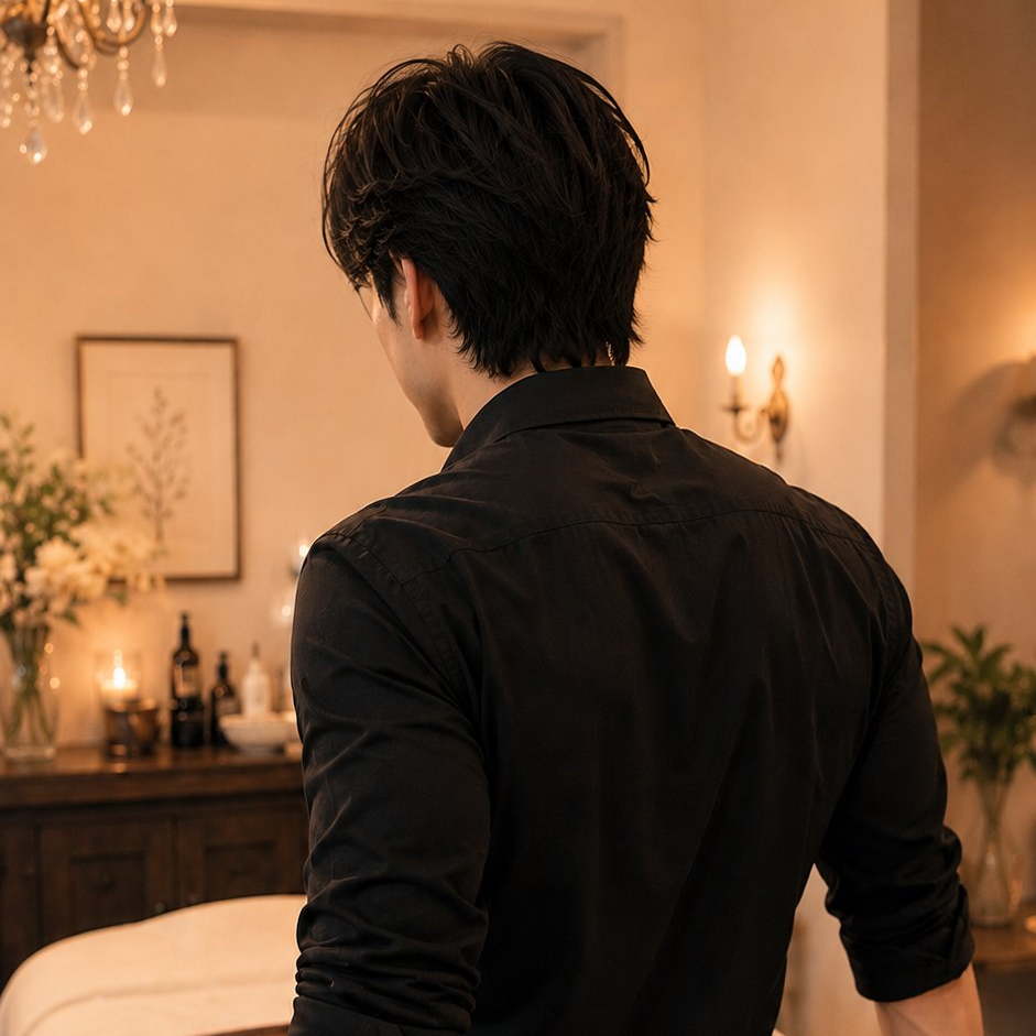 完全プライベートな個室で、静かに話を聴くリアンの男性セラピスト